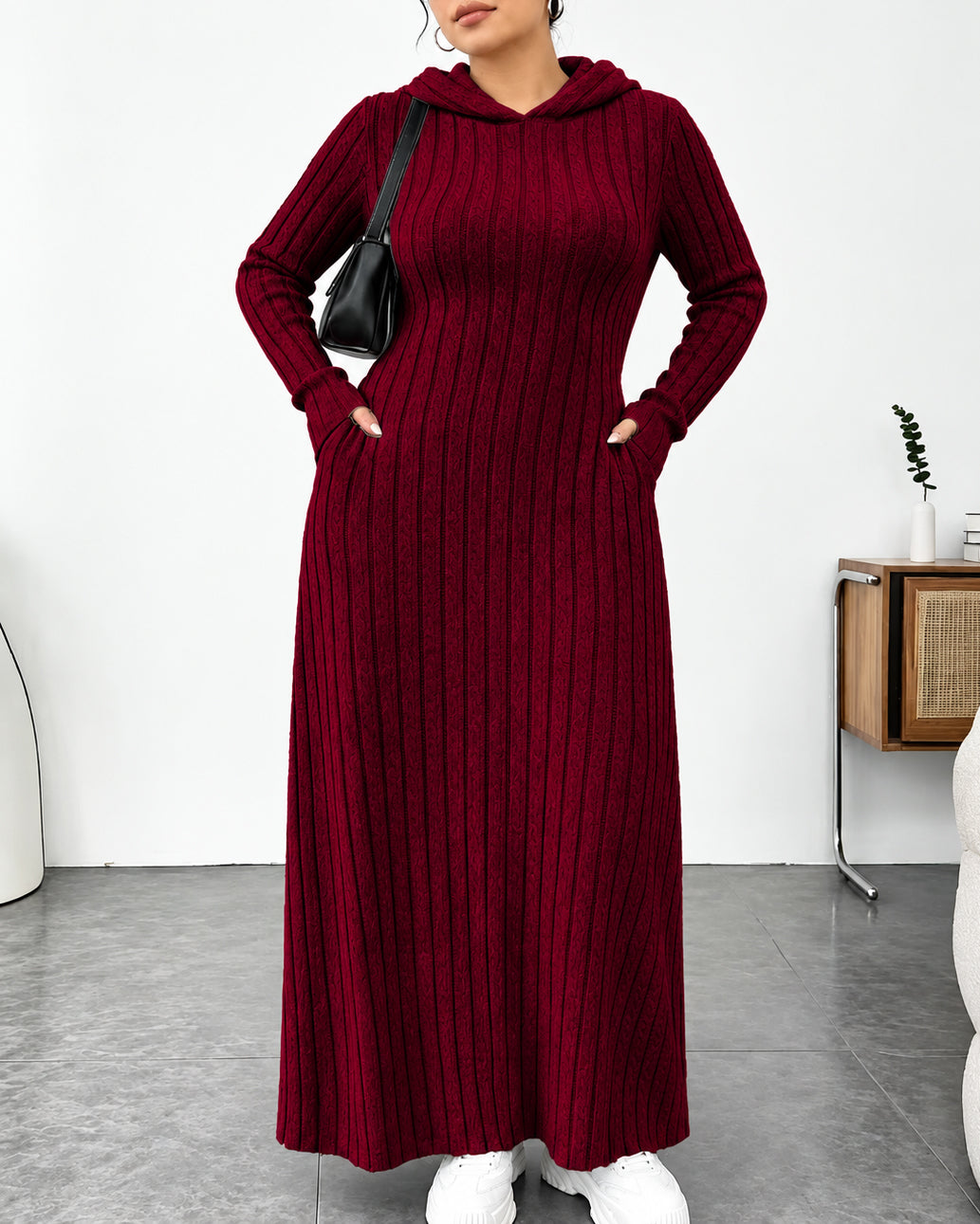 Plus Size Ribbed Hooded Pockets Maxi Dress