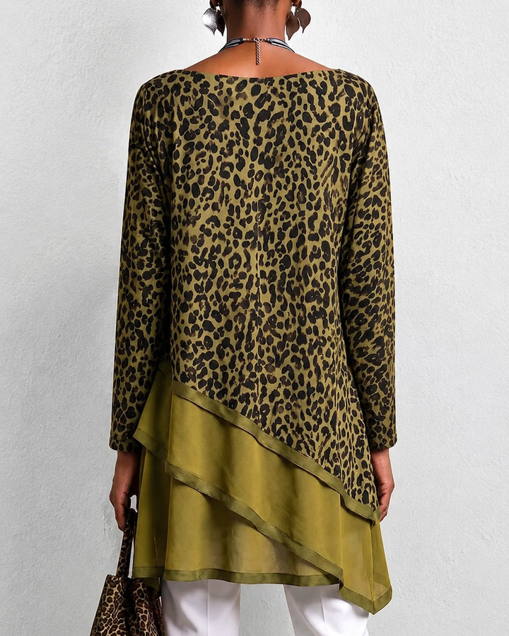Women's Leopard Print Crew Neck Long Sleeve Loose Irregular Patchwork Top