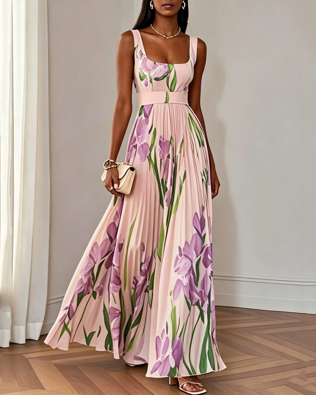 Square Neck Sleeveless Floral Pleated Dress