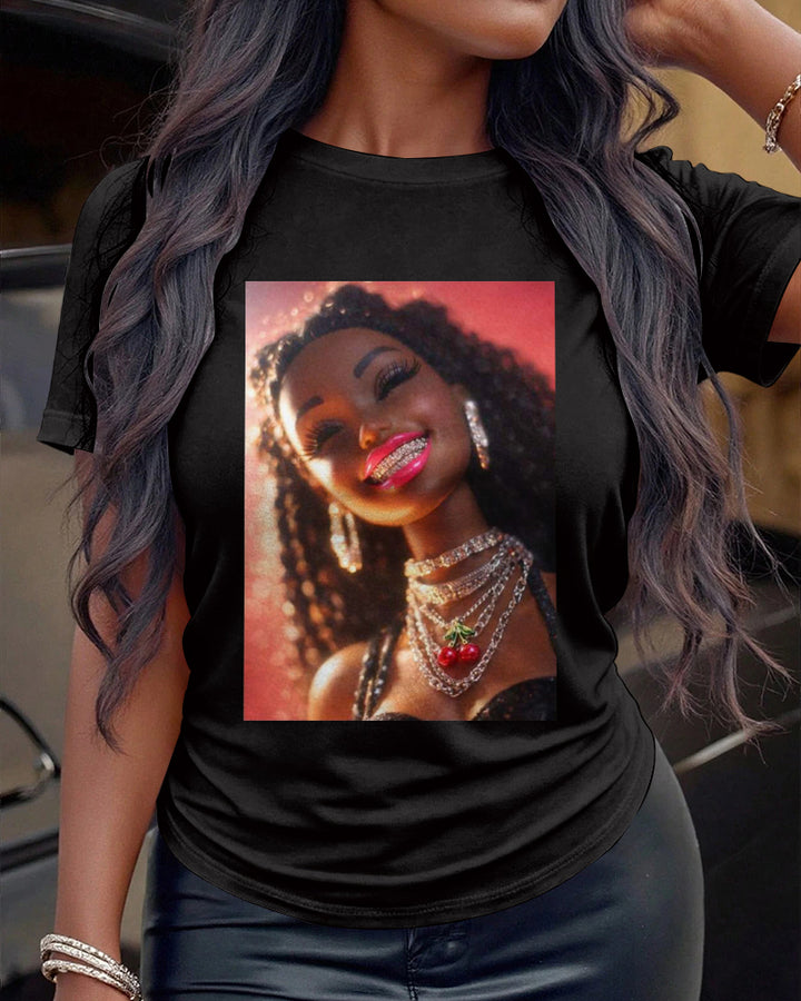 100% Cotton Happy Laughing Print Crew Neck Short Sleeve Tshirt