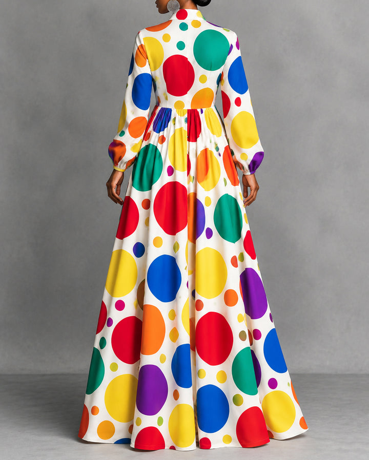 Playful Color-blocking and Polka Dots Buttoned Pockets Loose Long Sleeves Stand Collar Maxi Dresses