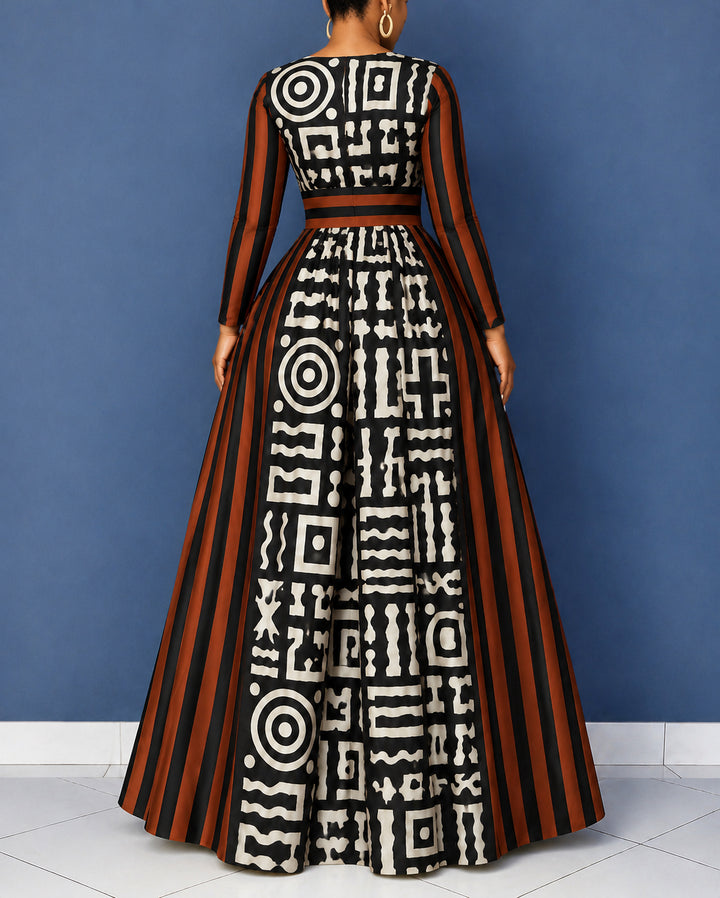 Women's Totem and Stripe Patchwork V Neck Long Sleeve Maxi Dress