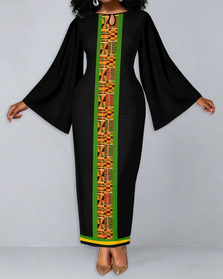 African Geometric Print Round Neck Bell Sleeve Bodycon Long Dress