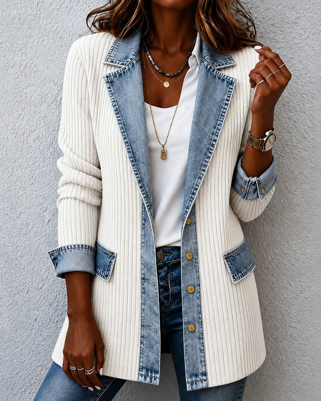 Denim-look Stretch Ribbed Knit Jacket