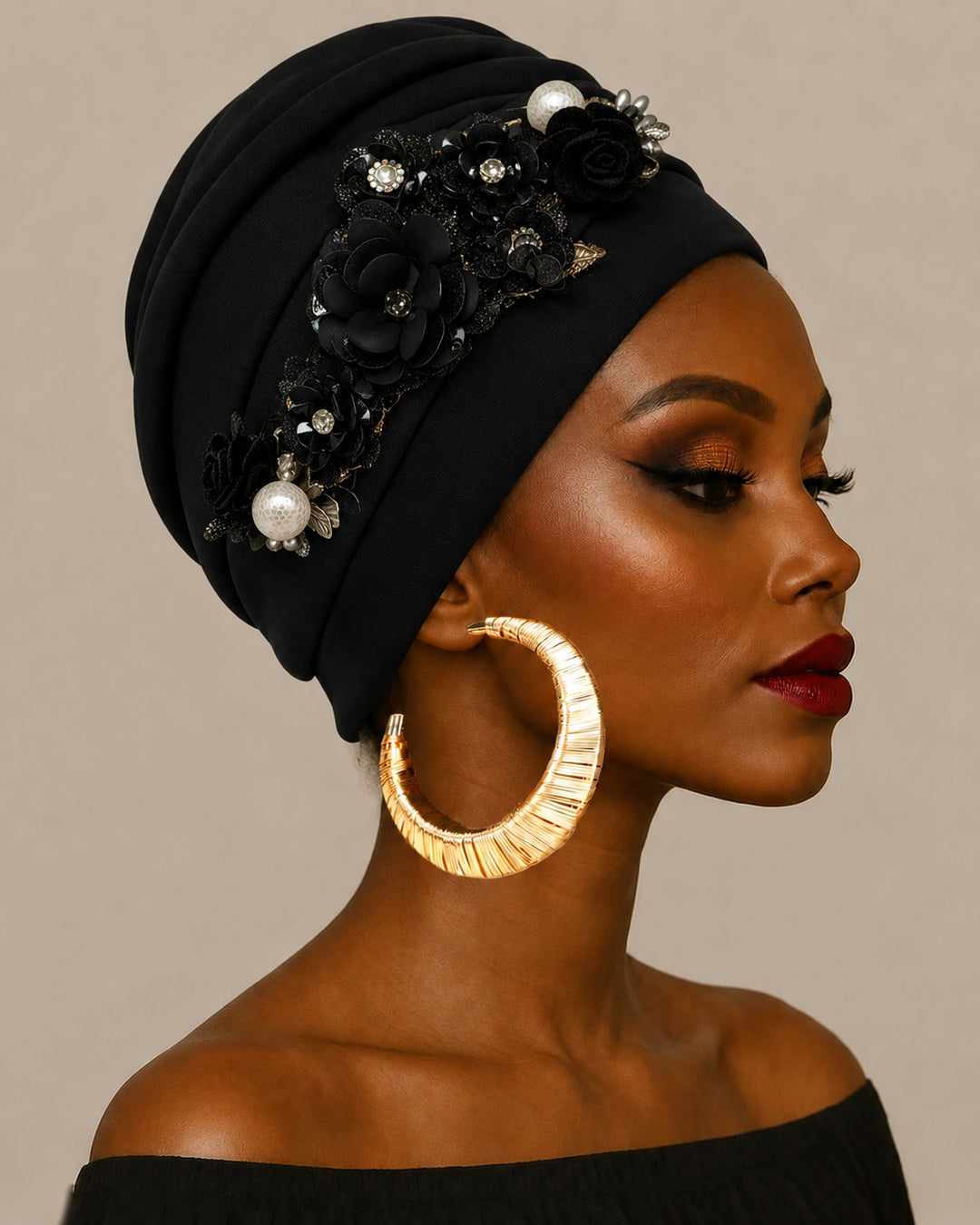 Hand‑made Pearl Hot‑fix Rhinestone Floral Turban Hat