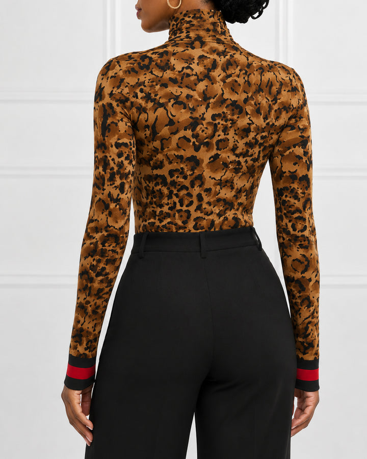 Classic Leopard Print and Stripes Turtleneck Tight Fit Long Sleeve T-Shirt