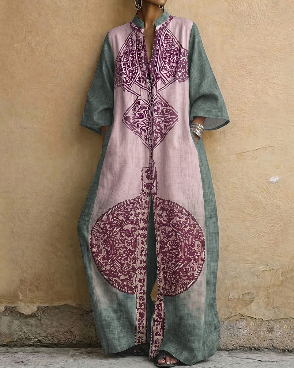 Loose Three-Quarter Sleeves Contrast Color Ethnic Printed Pockets V-Neck Jumpsuits