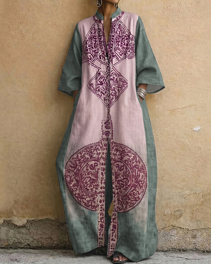 Loose Three-Quarter Sleeves Contrast Color Ethnic Printed Pockets V-Neck Jumpsuits