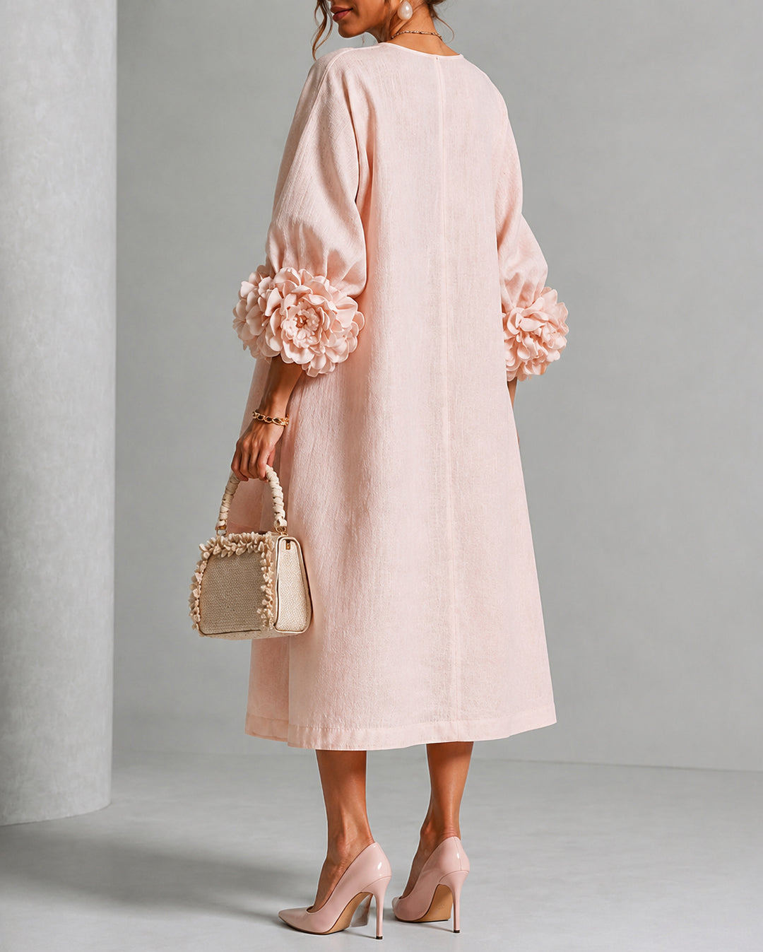 Light Pink Linen Midi Dress with 3D Floral Details