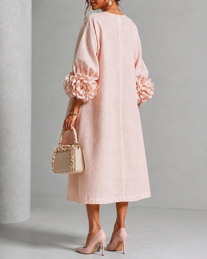 Light Pink Linen Midi Dress with 3D Floral Details