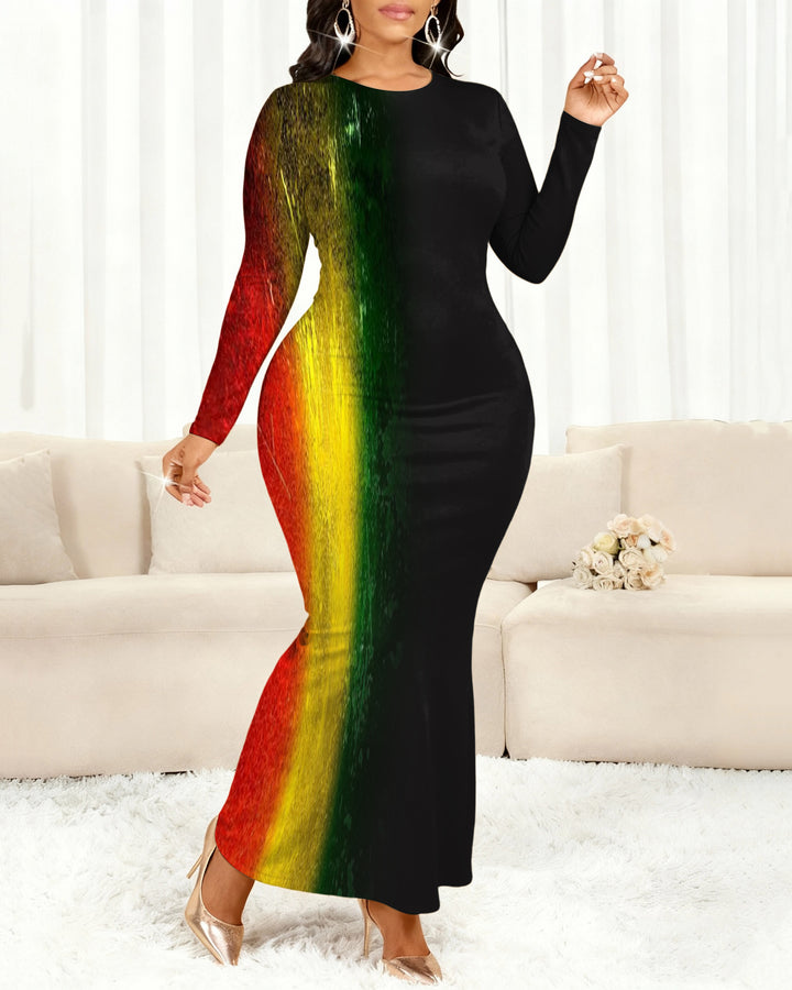 Reggae Color Blocking Round Neck Long Sleeve Bodycon Dress