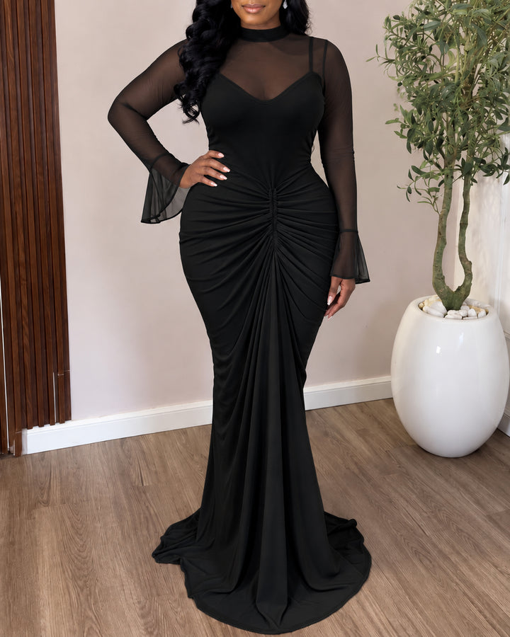 High Quality Women Mock Neck Mesh Mermaid Maxi Evening Gown