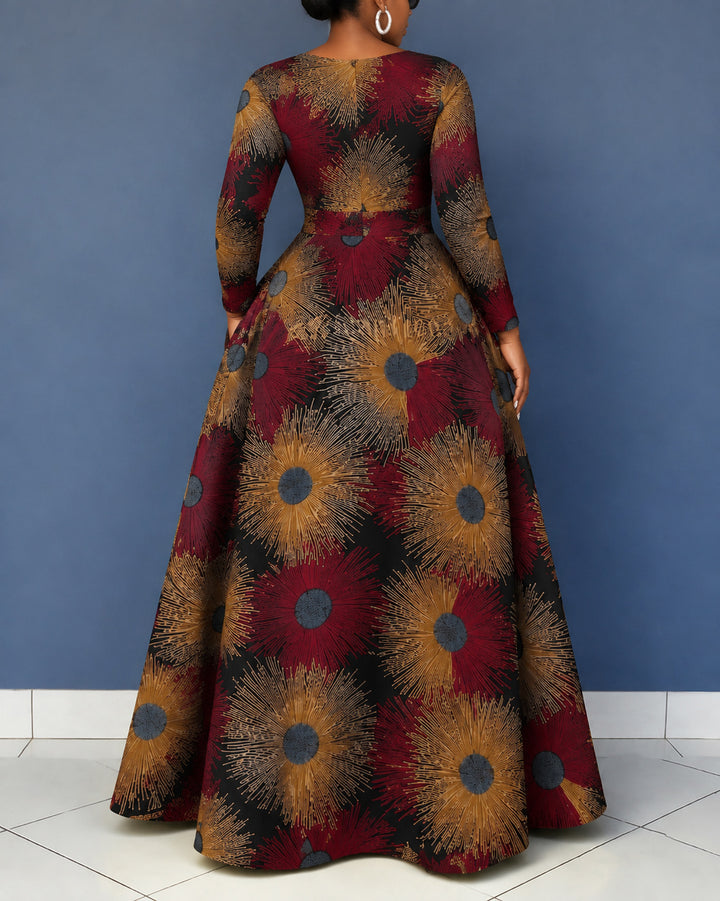 Women's African Ankara Print V Neck Long Sleeve Maxi Dress
