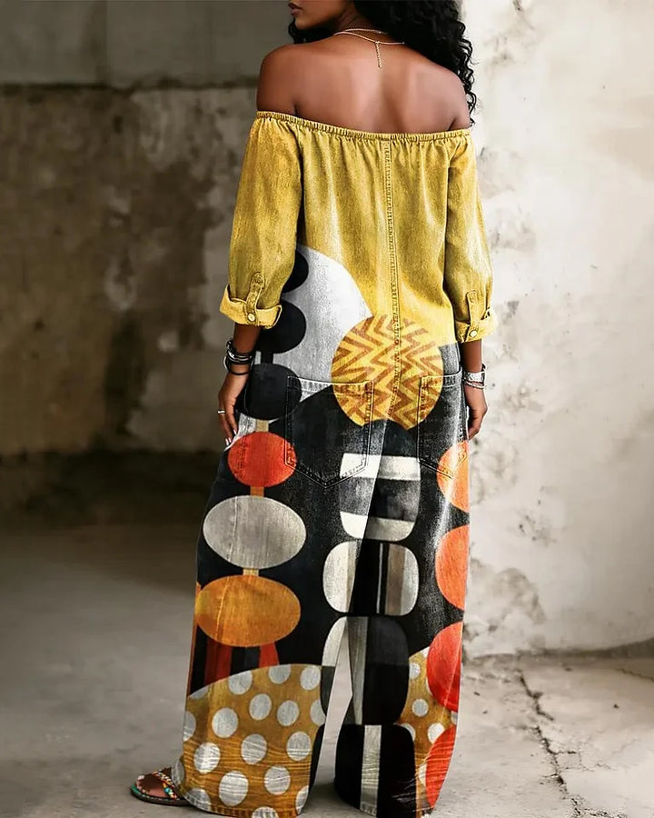 Abstract Geometric Art Off-shoulder Pocket Jumpsuit