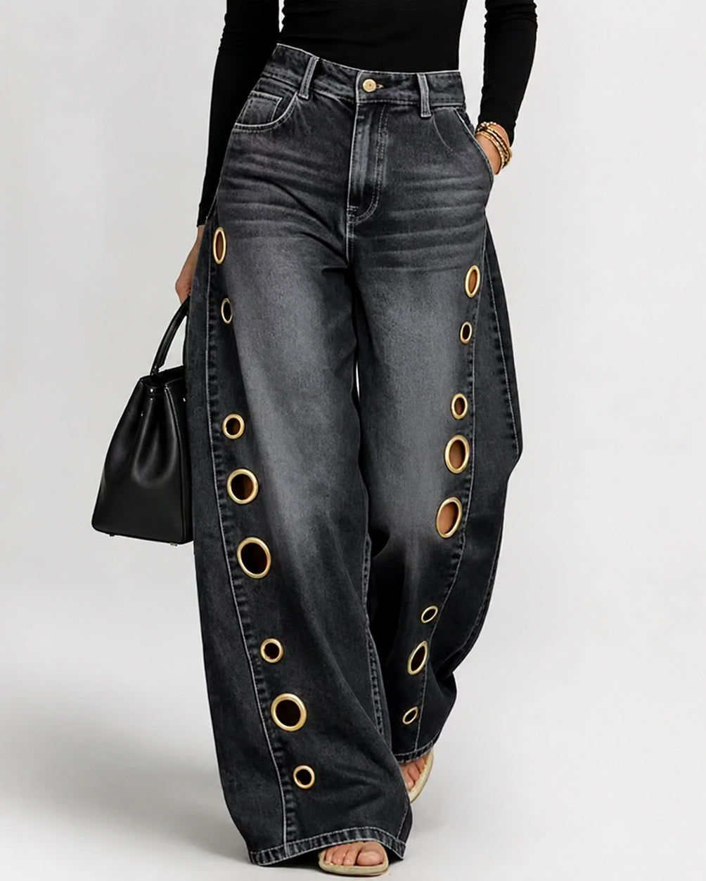 High-Waisted Wide-Leg Jeans With Metallic Cutout Details