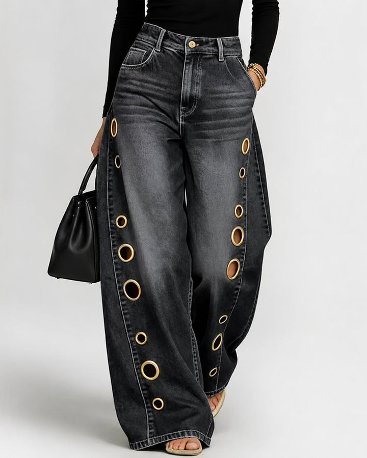 High-Waisted Wide-Leg Jeans With Metallic Cutout Details