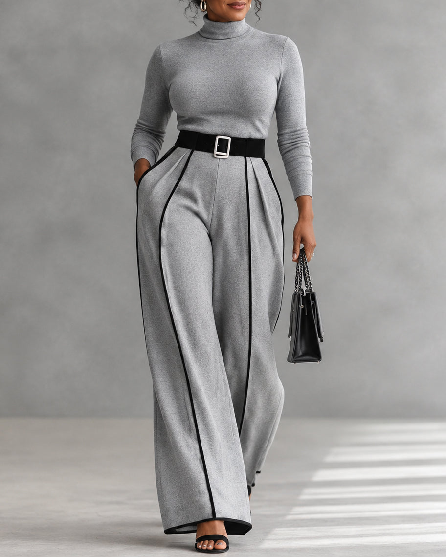 Women's 2 Piece Outfit Minimalist Cropped Turtleneck Top+High-waisted Striped Wide-leg Trousers
