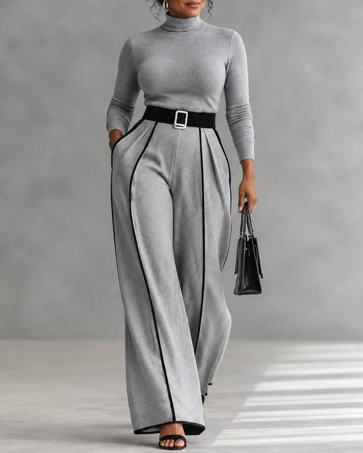 Women's 2 Piece Outfit Minimalist Cropped Turtleneck Top+High-waisted Striped Wide-leg Trousers