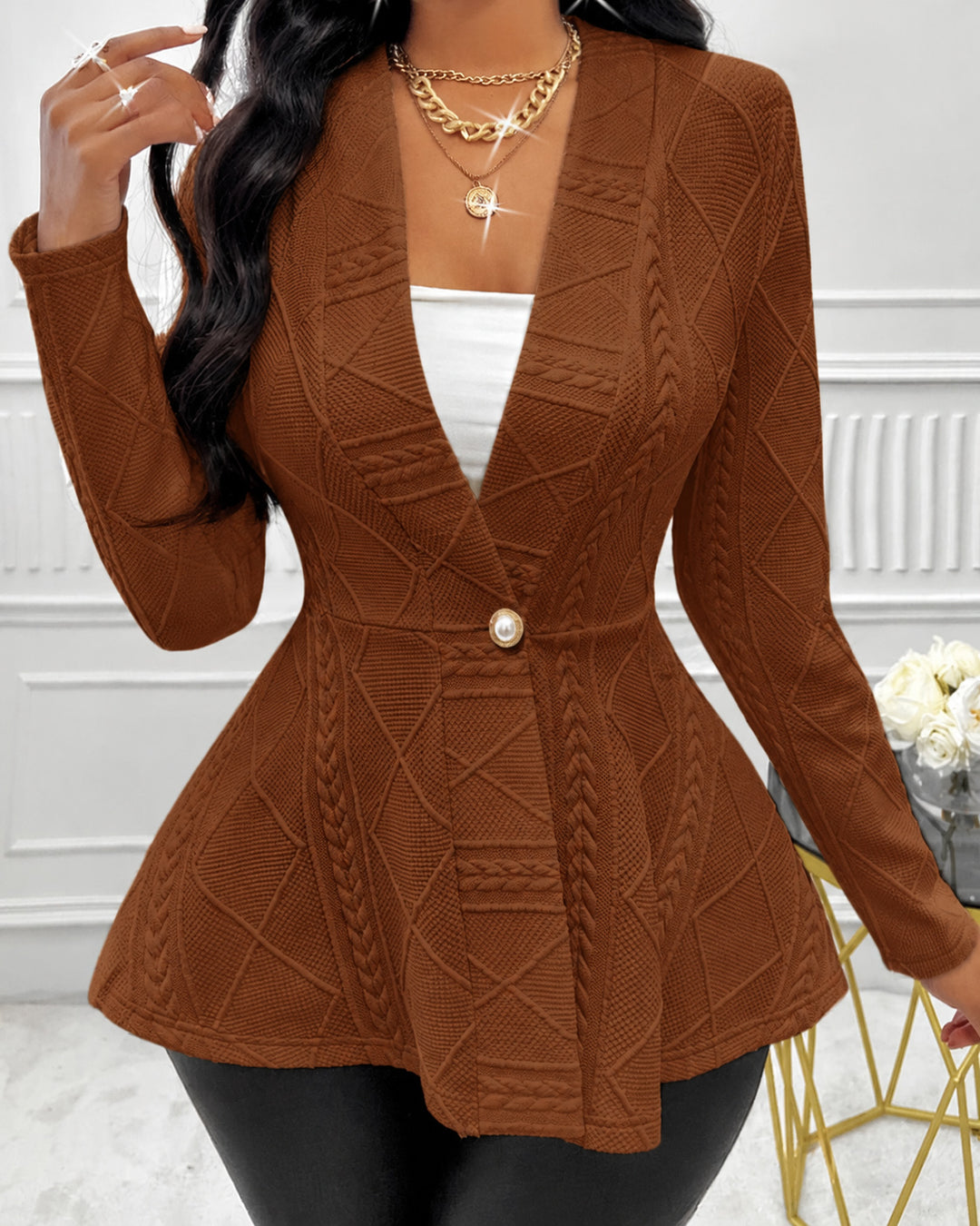 Women's Textured Jacquard V Neck Single Button Peplum Blazer