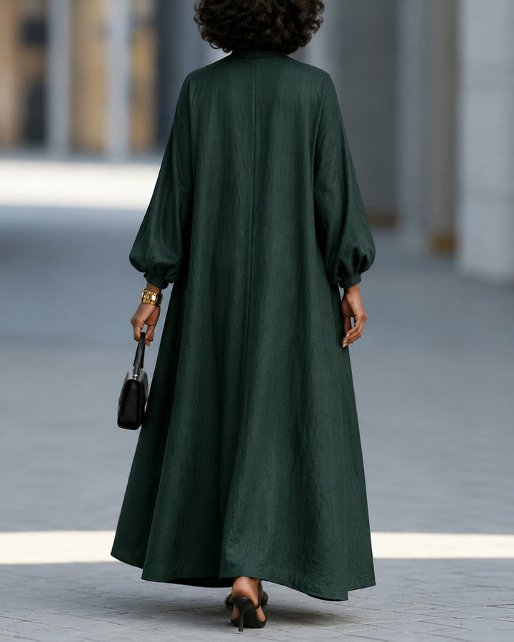 Linen Textured Abaya Maxi Dress Floral Embroidery