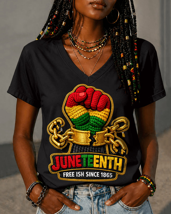 100% Cotton Juneteenth Black Power Fist V Neck Short Sleeve Tshirt