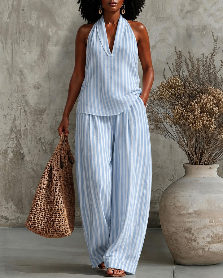 Simple Vertical Stripes V-neck Cotton Linen Vest and Wide-leg Pants Two-piece Set