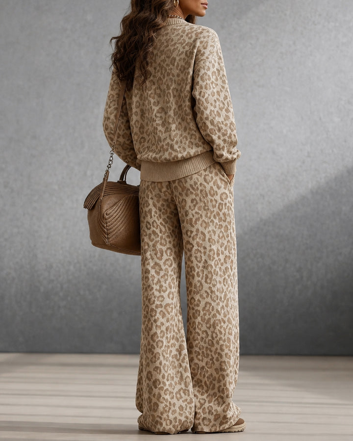 Light Brown Leopard Print Long-sleeved Sweatshirt and Wide-leg Pants Two Piece Set