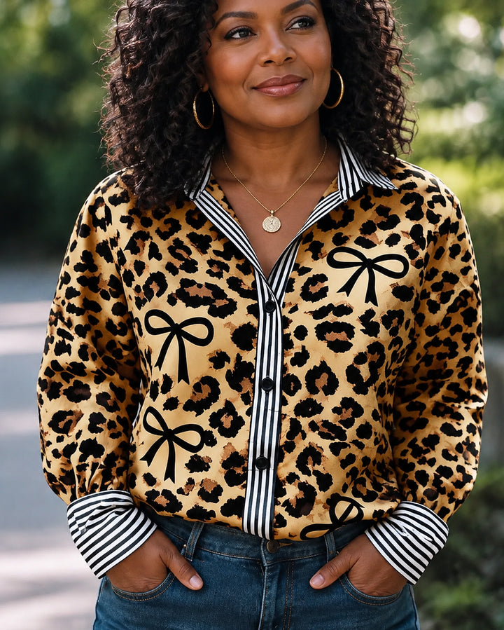 Leopard Bow Print Striped Collar Long Sleeve Blouse