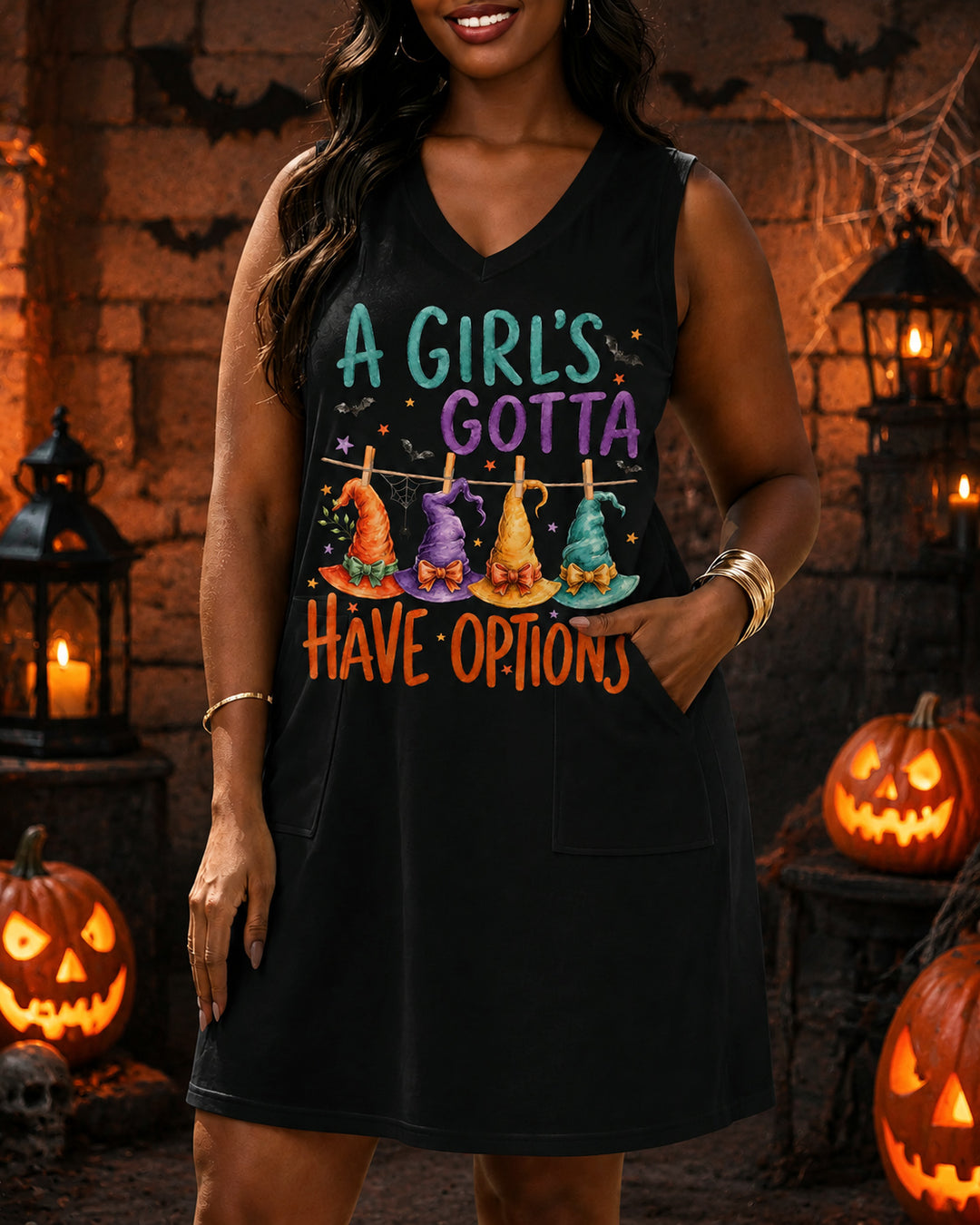 A Girl Gotta Have Options Retro Halloween Sleeveless Pocket Mini Dress