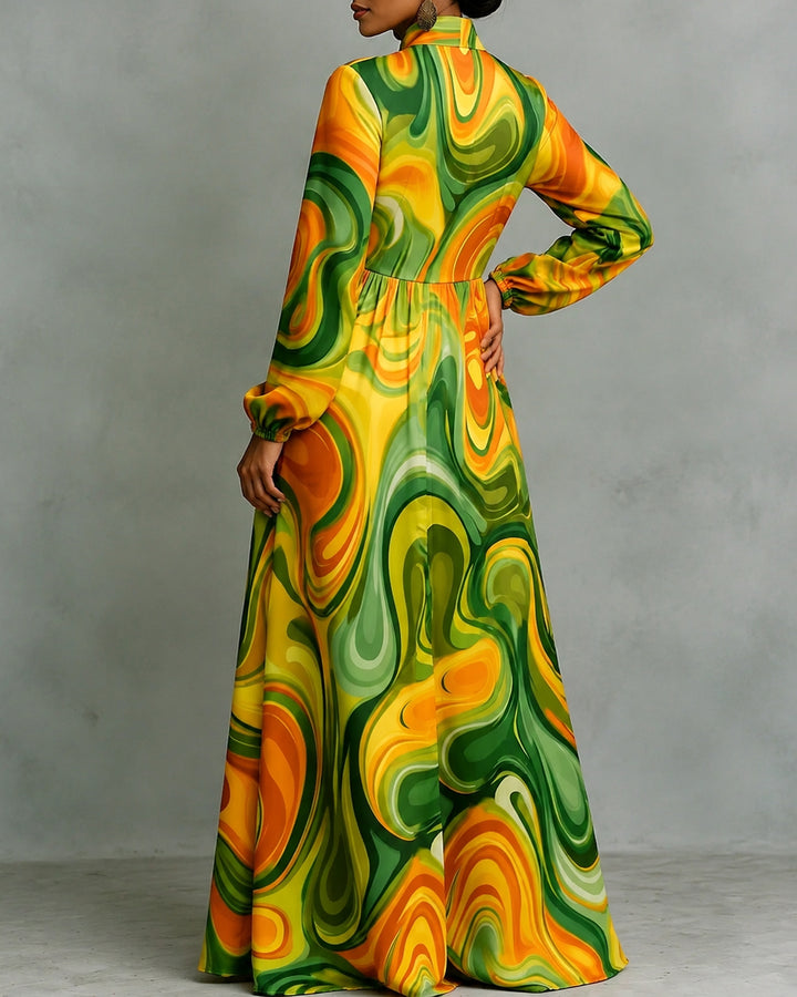 Colorful Wavy Stripes Long Sleeves Buttoned Pleated Pockets Maxi Dresses Shirt Dress