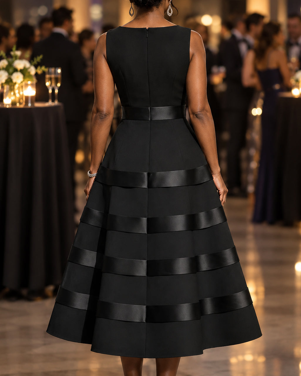 Women's Sleeveless Boat Neck Tiered Satin Stripe Midi Formal Dress