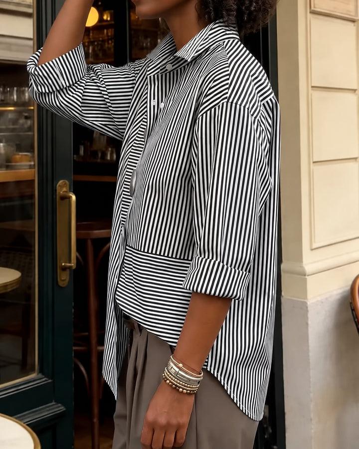 Irregular Stripes Stand Collar Long Sleeve Shirt with Metal Buttons