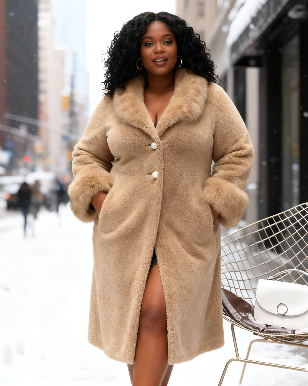 Imitation Lamb Fur Coat Women's Long Imitation Fox Fur Collar Particles