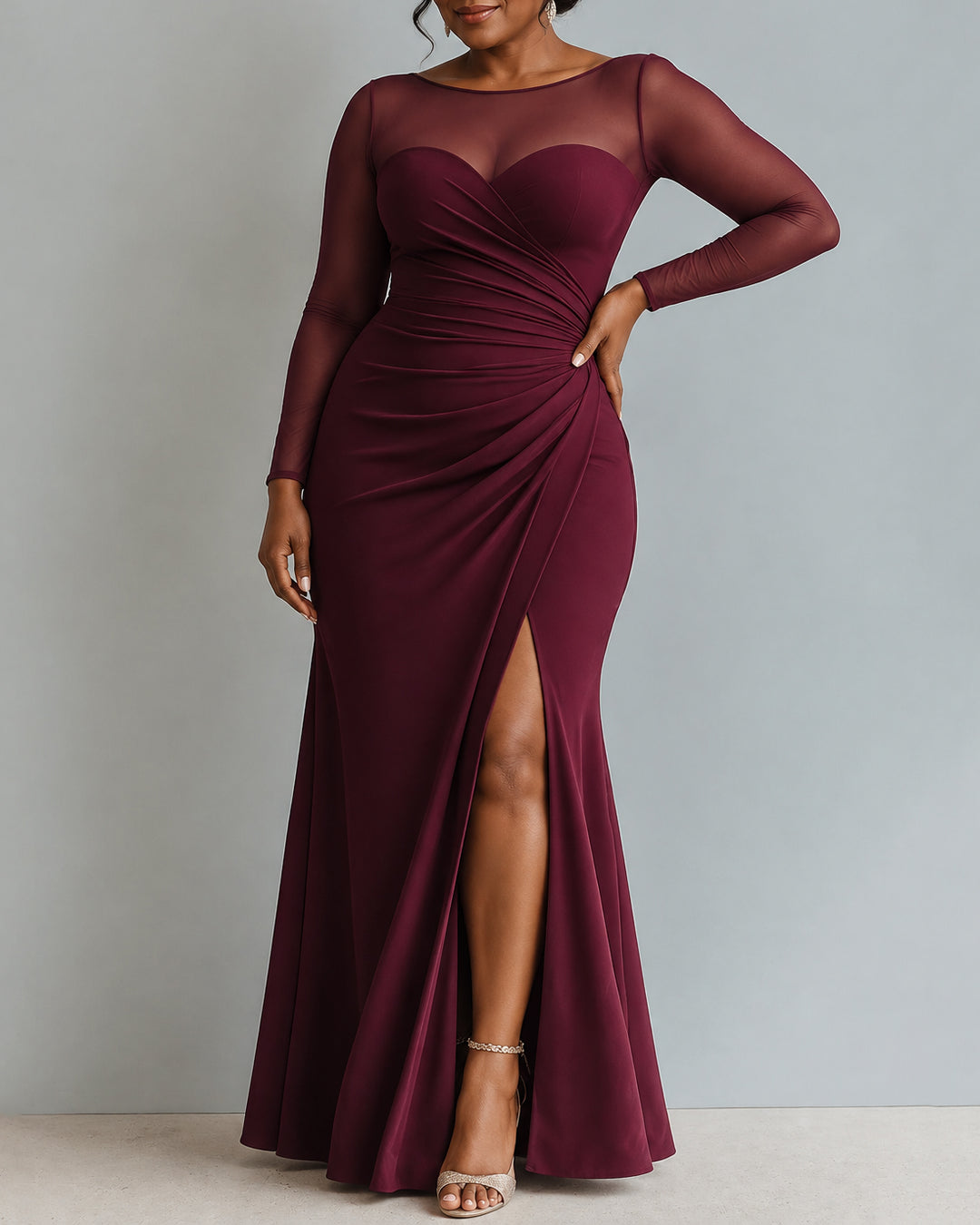 Women's Long Sleeve Mesh Sweetheart Mermaid Formal Dress