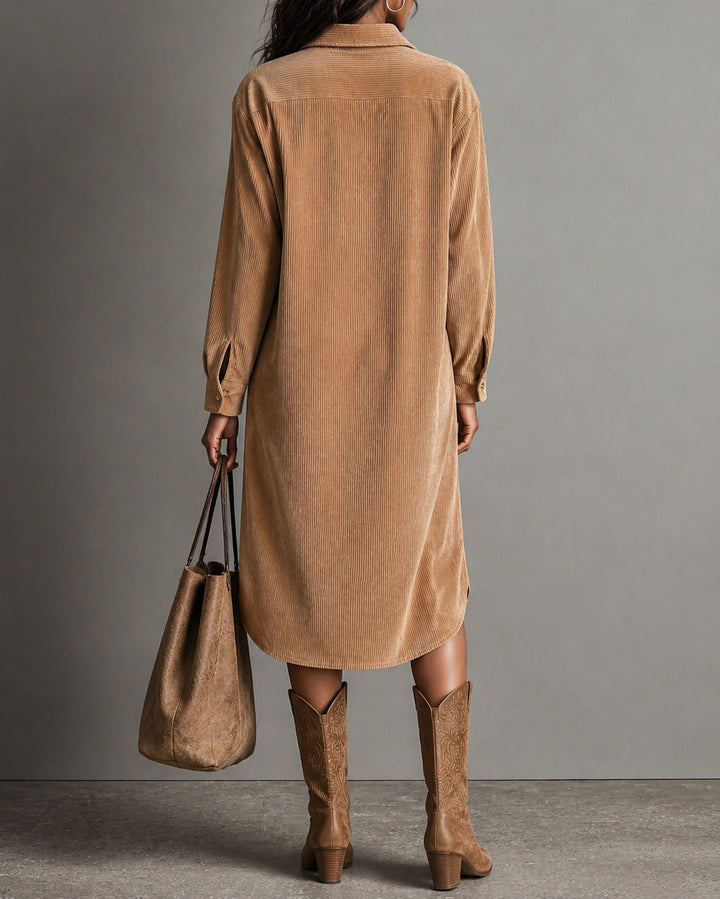 Lapel Collar Button‑Front Long Sleeve Corduroy Shirt Midi Dress