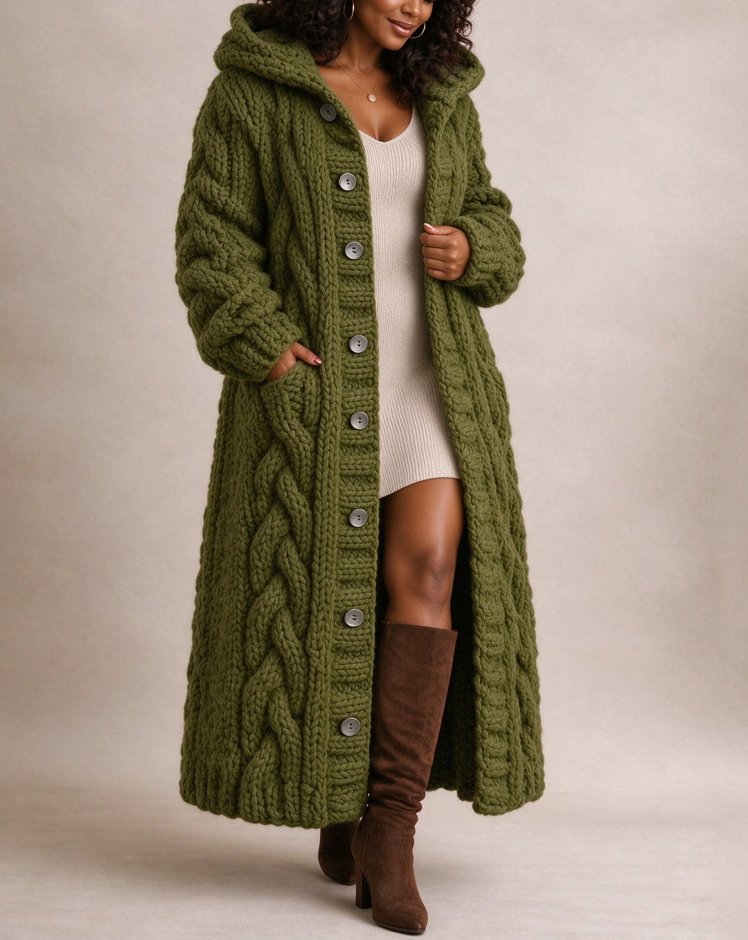 Women's Chunky Cable Knit Oversized Long Sleeve Button Down Hooded Cardigan