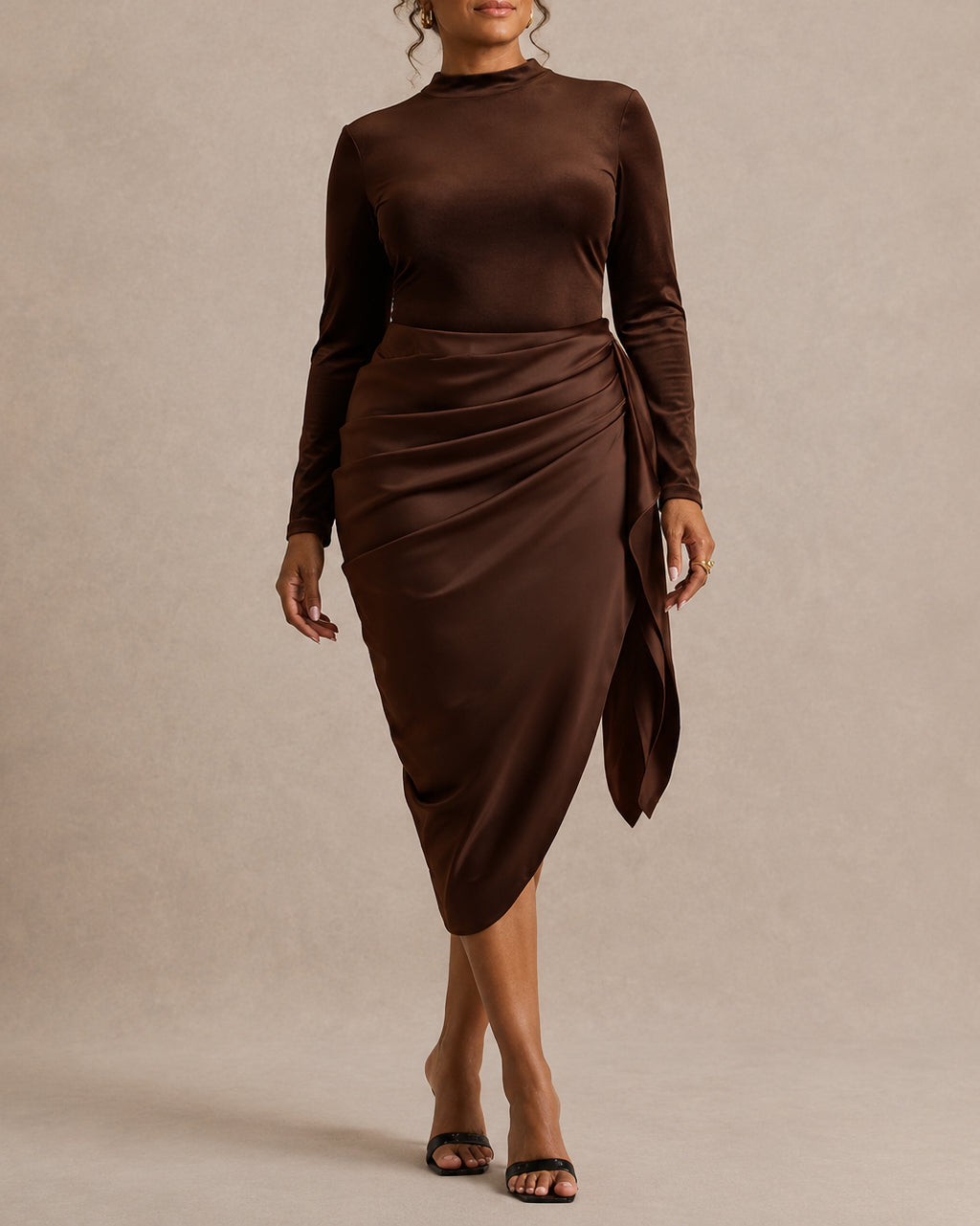 Women Mock Neck Long Sleeve Midi Dress Side Ruched Tie Split Hem Bodycon Party Dress