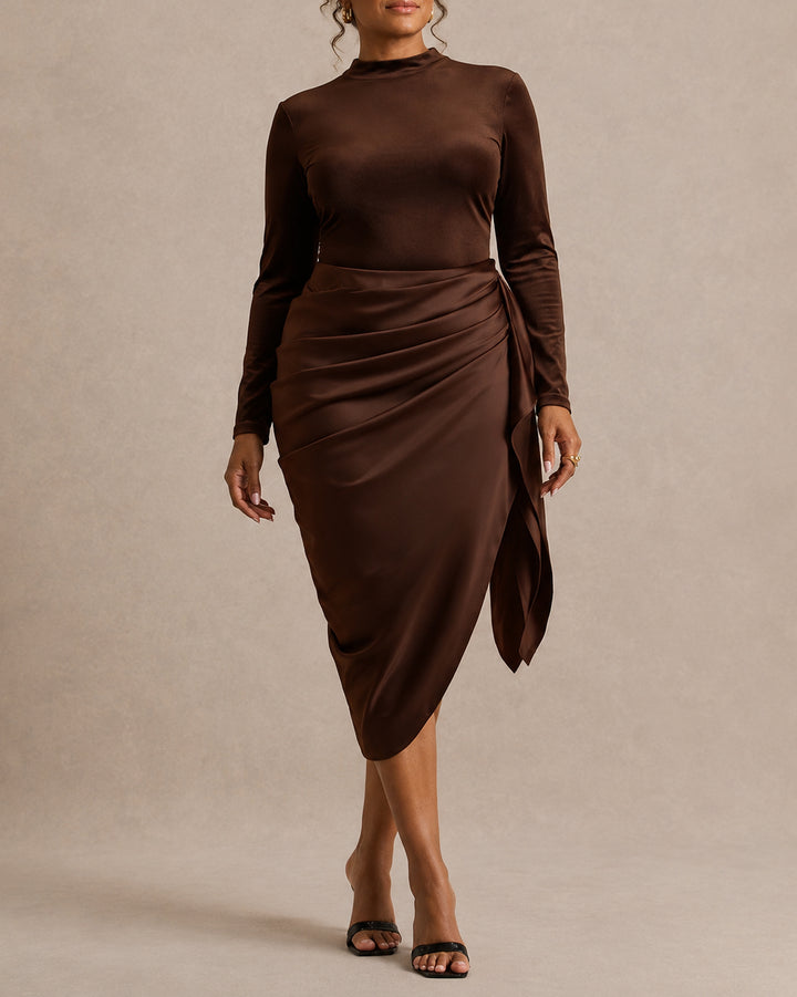Women Mock Neck Long Sleeve Midi Dress Side Ruched Tie Split Hem Bodycon Party Dress