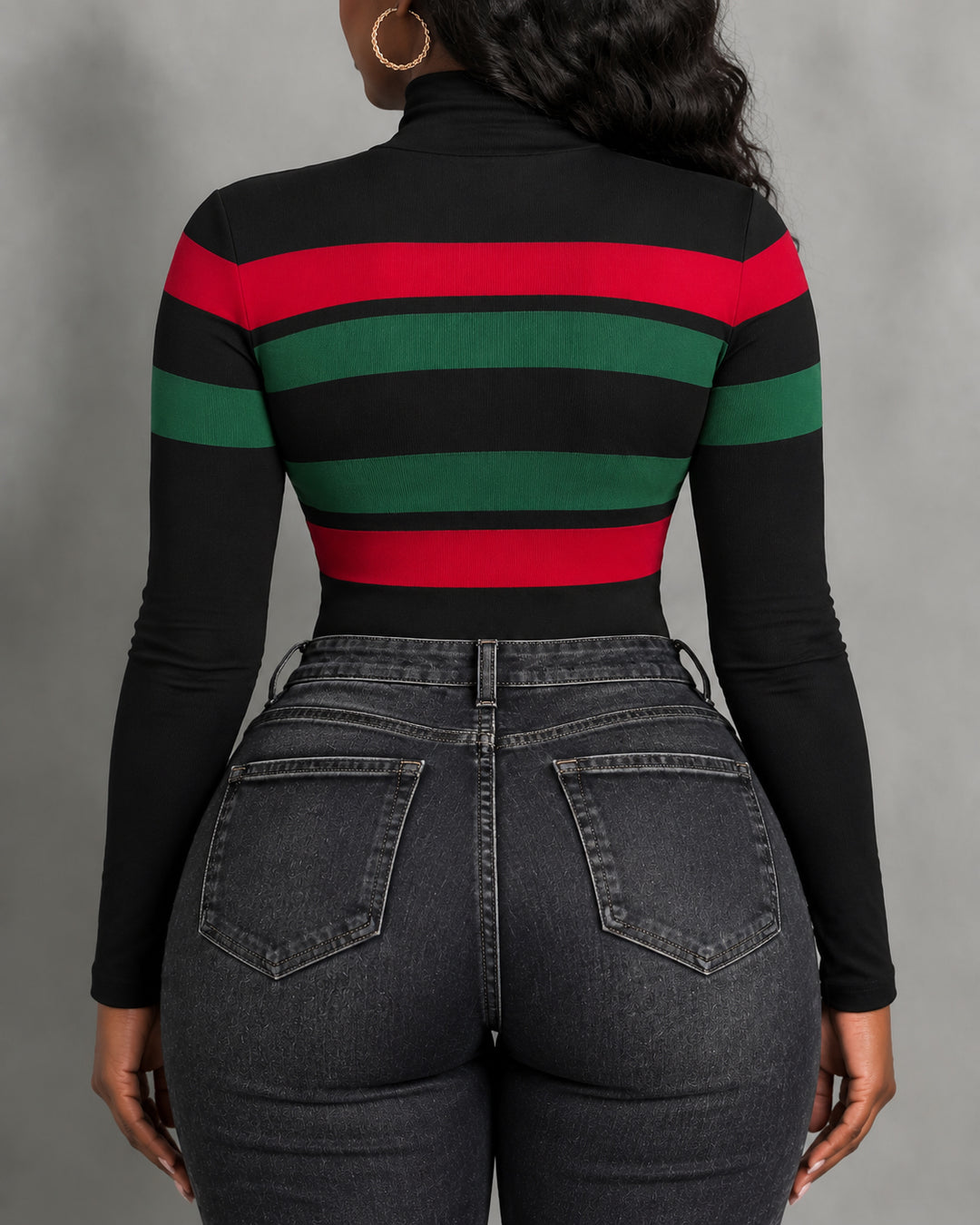 Color-block Stripes Print Turtleneck Tight Fit Long Sleeve T-Shirt
