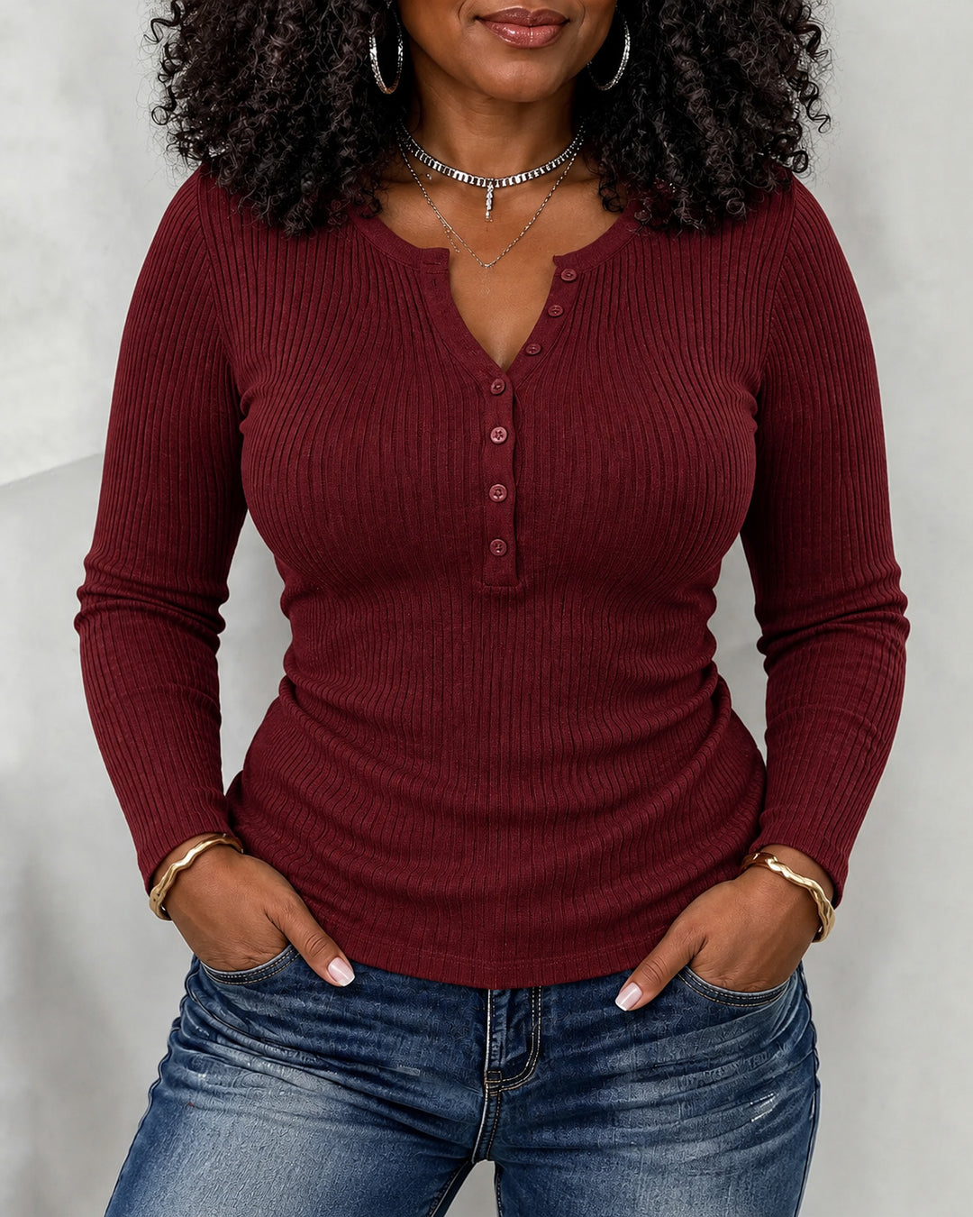 Women's Ribbed Long Sleeve Henley Top