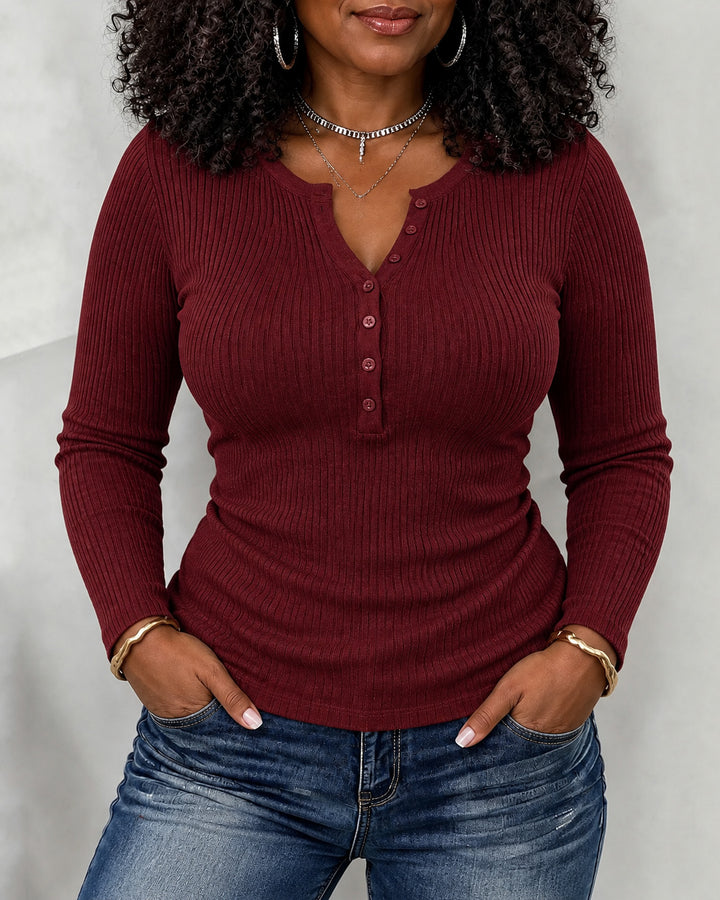 Women's Ribbed Long Sleeve Henley Top