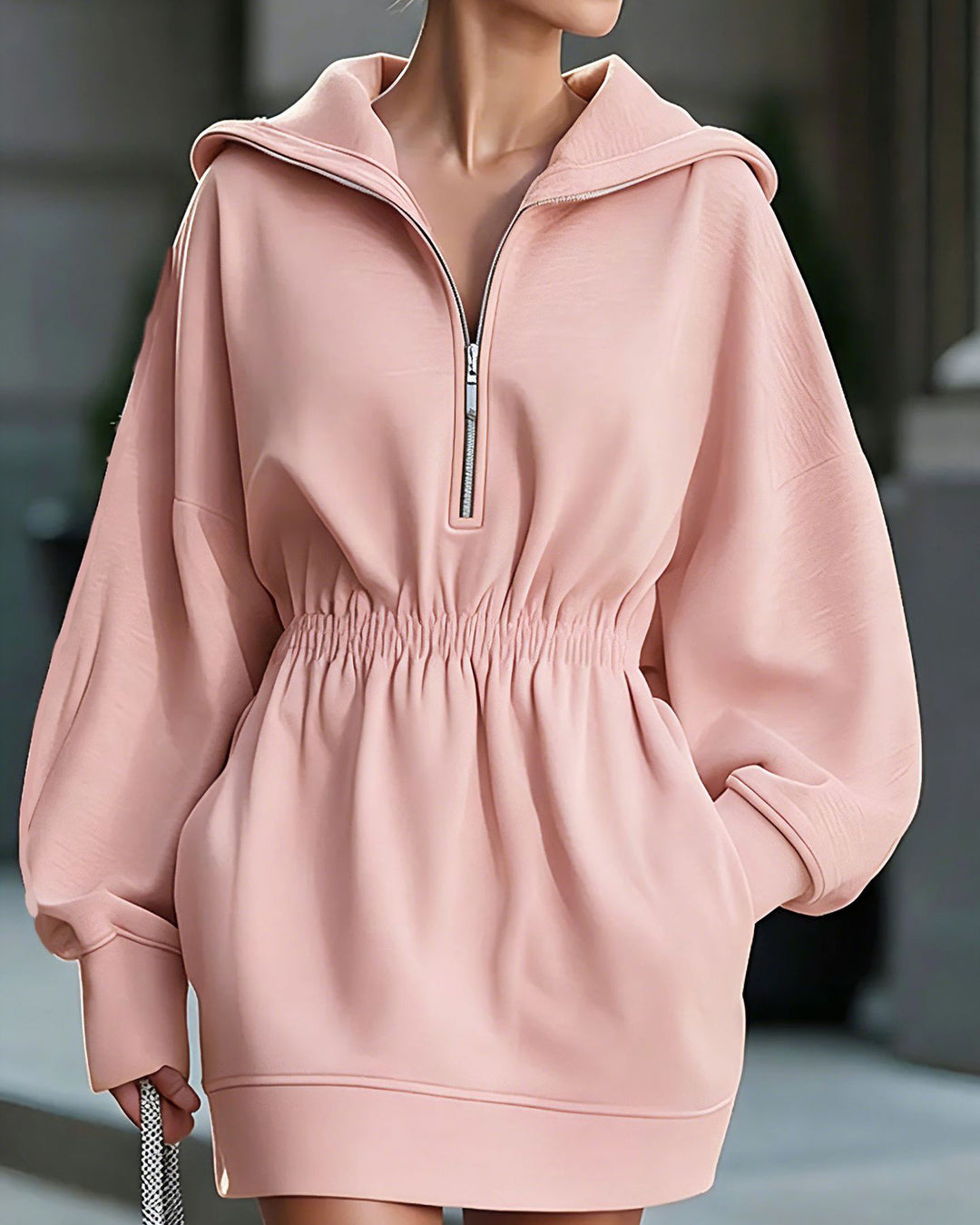 Half-Zip Hooded Waist Cinched Oversized Long Sleeve Mini Sweatshirt Dress