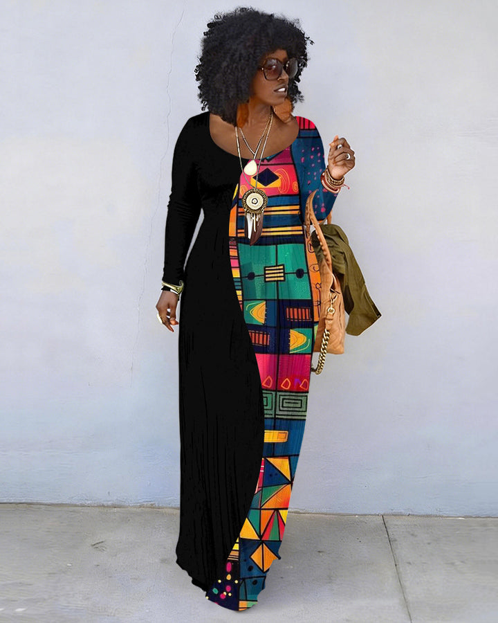 African Tribal Pattern Splicing Crew Neck Long Sleeve Dress