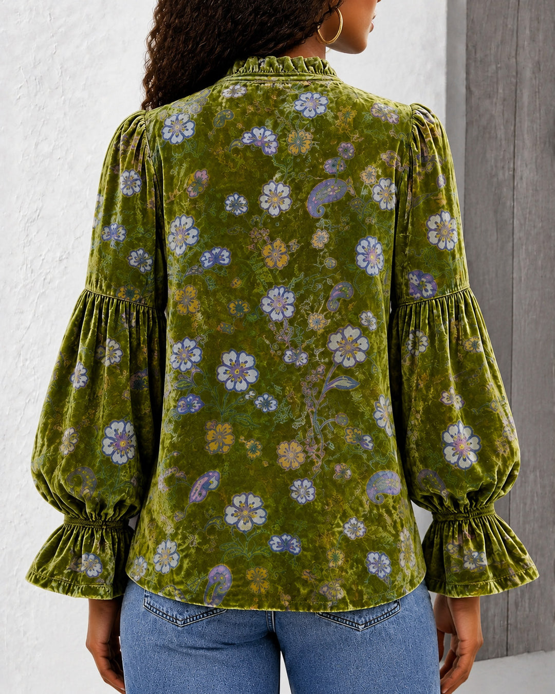 Vintage Floral Paisley Print Ruffle Neck Puff Sleeve Velvet Blouse