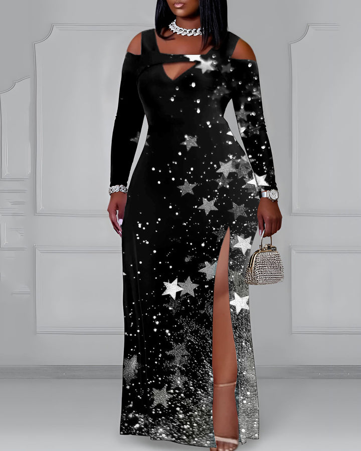 Cutout Off-shoulder V-neck Silver Star Long Sleeve Bodycon Party Dress