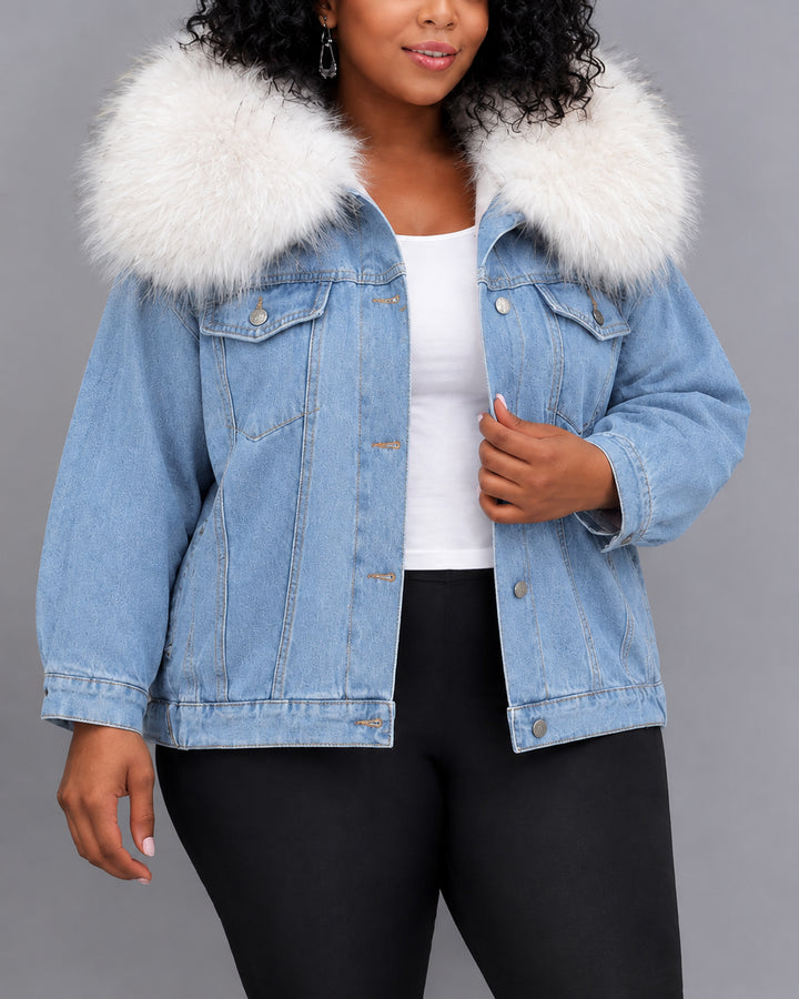Faux Fur Collar Button Down Long Sleeve Oversized Denim Jacket