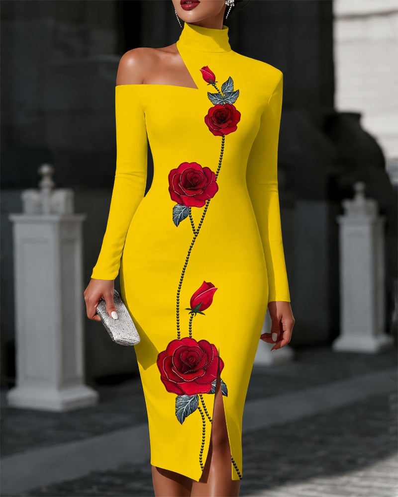 Romantic Red Roses Off The Shoulder High-neck Slim Fit Dress Party Dress