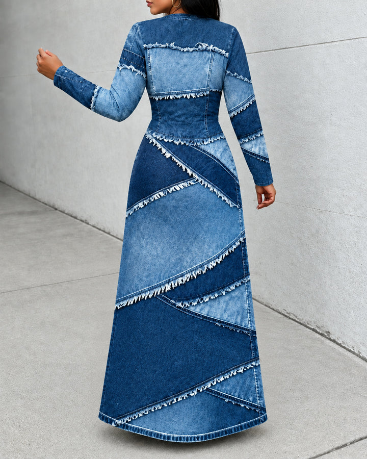 Women's Faux Denim Print Long Sleeve Pocket Maxi Dress Dress
