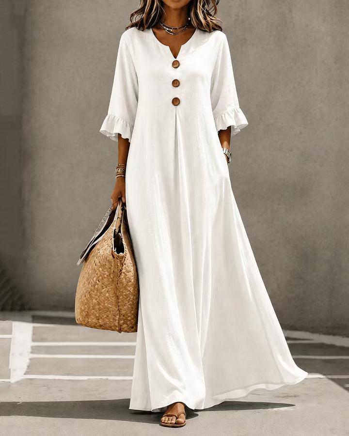 V Neck Button Ruffle Sleeve Maxi Dress With Pockets
