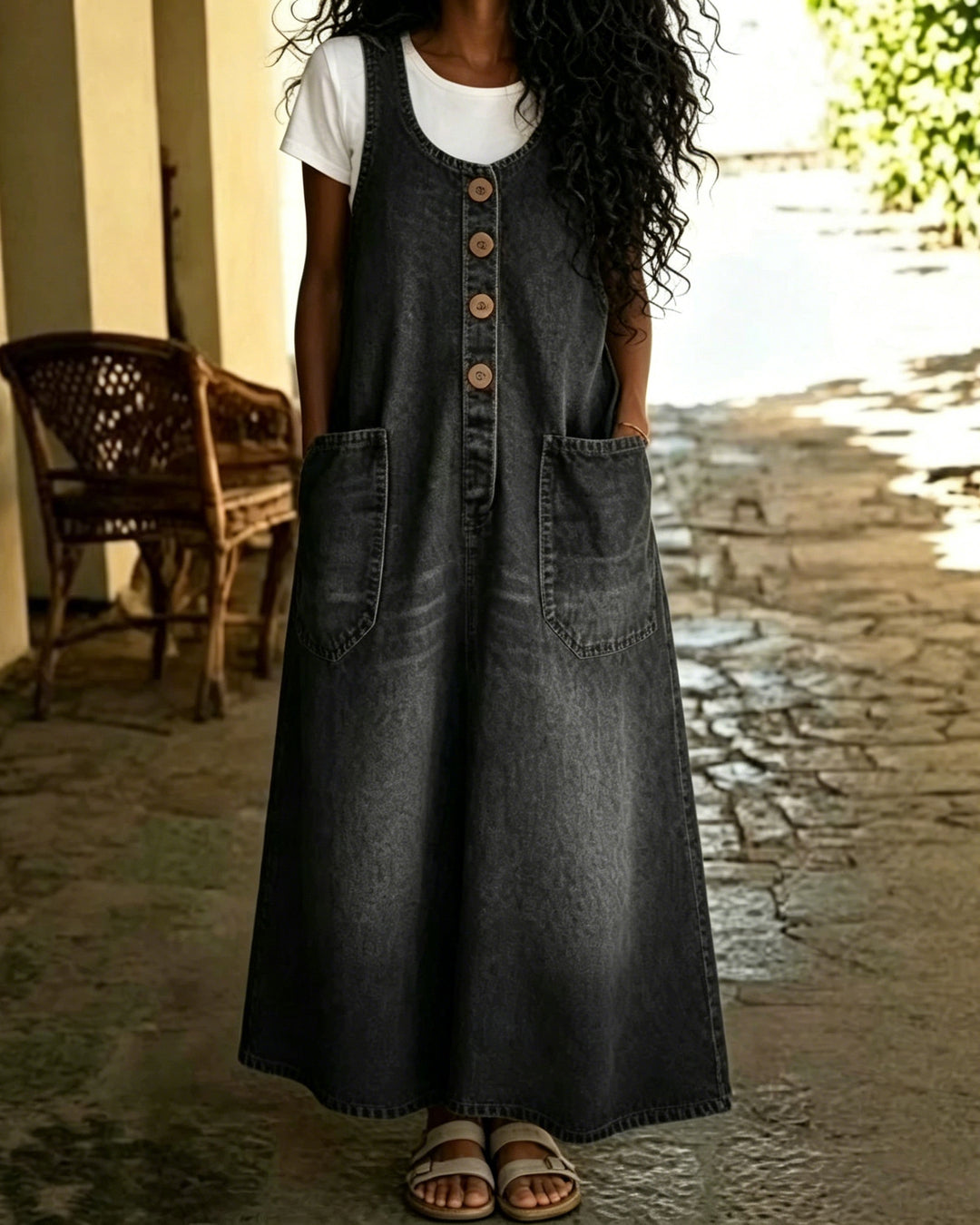 Denim U-neck Sleeveless Pocket Dress